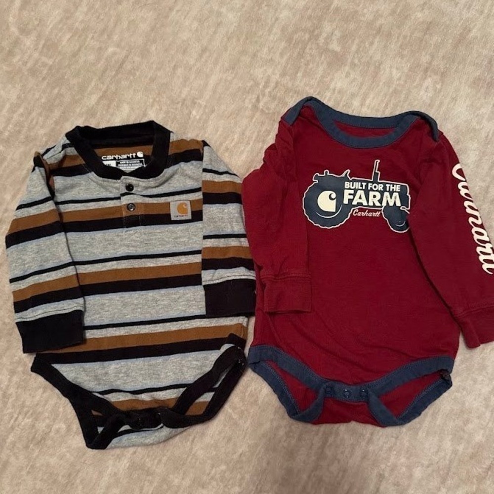 Carhartt Baby Boy 2 Pack Long Sleeve Bodysuits Striped Tractor Red Grey 3-6M